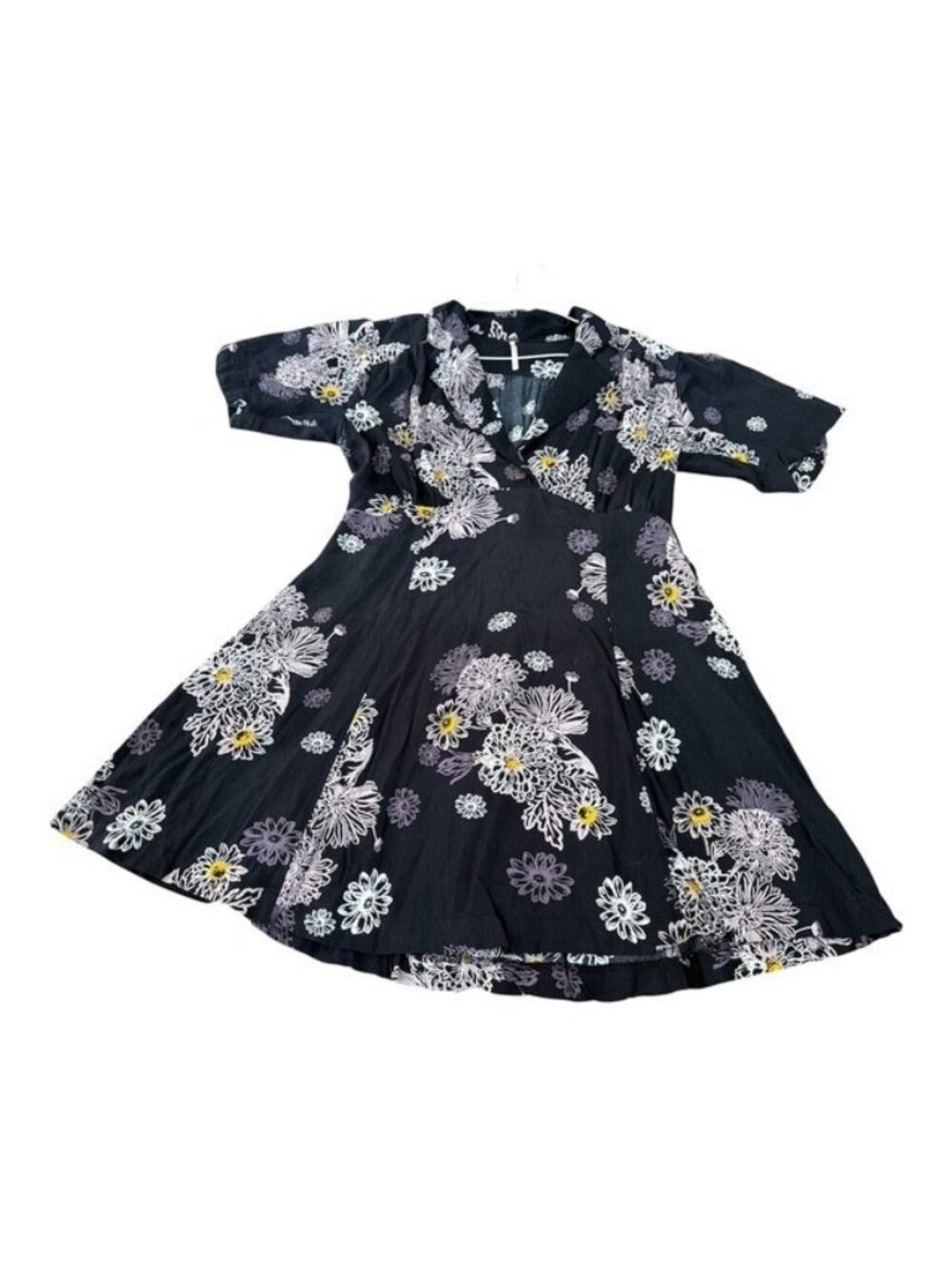 Free People Blue Hawaii Short Sleeve Mini Dress Collar Black Small Floral V Neck